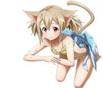  animal animal_ears animal_on_back bikini blush breasts brown_hair cat_ears cat_tail cleavage frilled_bikini frills hair_between_eyes long_hair official_art pina_(sao) red_eyes shiny shiny_skin short_twintails silica silica_(sao-alo) small_breasts smile solo swimsuit sword_art_online sword_art_online:_code_register tail transparent_background twintails wet yellow_bikini 