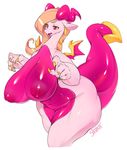  ambrosine anthro big_breasts blonde_hair breasts claws dragon female goo_creature hair horn huge_breasts nipples purple_eyes simple_background slugbox solo thick_thighs white_background wings yellow_sclera 