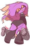 anthro blush butt clothing diives eyelashes female footwear kneeling legwear mismagius nintendo pok&eacute;mon pseudo_clothing red_eyes shoes simple_background sleeves socks solo thick_thighs tongue tongue_out video_games yellow_sclera 