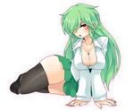  1girl bad_id black_legwear blush breasts cleavage collarbone curvy gardevoir green_hair green_skirt hair_over_one_eye large_breasts lemoco99 long_hair looking_at_viewer lying on_side open_mouth personification pleated_skirt pokemon pokemon_rse red_eyes shiny_skin shirt simple_background skirt solo thick_thighs thighhighs white_background white_shirt wide_hips zettai_ryouiki 