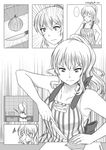  1girl alternate_costume alternate_hairstyle apron casual comic commentary cutting_board english_commentary finger_sucking greyscale highres kantai_collection kashima_(kantai_collection) knife monochrome onion ponytail speed_lines tears wangphing 
