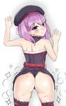  1girl against_wall artist_request ass back backboob backless_outfit bare_shoulders blush breasts fate/grand_order fate_(series) hat helena_blavatsky_(fate/grand_order) looking_at_viewer looking_back no_bra purple_eyes purple_hair short_hair skirt skirt_lift small_breasts smile solo strapless the_pose thighhighs thong 