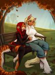  anthro barefoot blonde_hair braided_hair breasts clothed clothing day detailed_background duo ear_piercing equine feline green_eyes hair horse mammal outside piercing red_hair robyn_paperdoll sky smile tiger 