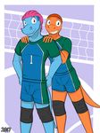  anthro bulge charmander clothing comic cover duo fuze hair hi_res male male/male nintendo pok&eacute;mon pose sport totodile video_games volleyball 