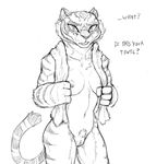 2017 anthro breasts casual_nudity dialogue feline female greyscale guoh kung_fu_panda looking_at_viewer mammal master_tigress monochrome nipples nude pussy simple_background solo standing talking_to_viewer tiger towel white_background 