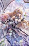  :d architecture armor armored_boots armored_dress blonde_hair blue_eyes boots bouquet breasts building chain cloud commentary_request day fate/apocrypha fate/grand_order fate_(series) flag flagpole flower flower_request fur_trim gauntlets headpiece highres holding holding_bouquet holding_flower jeanne_d'arc_(fate) jeanne_d'arc_(fate)_(all) leaning_forward lily_(flower) long_hair looking_at_viewer medium_breasts mountain open_mouth outdoors pink_flower pink_rose revision rose scenery sheath sky smile solo sword torino_akua weapon white_flower white_rose 