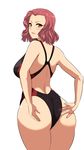  &gt;:) ass bare_arms bare_shoulders breasts brown_eyes commentary_request competition_swimsuit cowboy_shot from_behind girls_und_panzer koujun_(mugenzero) large_breasts looking_at_viewer looking_back one-piece_swimsuit parted_lips red_hair rosehip short_hair smile solo swimsuit v-shaped_eyebrows 