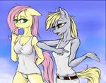  2013 anthro anthrofied blonde_hair breasts cleavage clothed clothing cloud derpy_hooves_(mlp) duo equine female fluttershy_(mlp) friendship_is_magic green_eyes hair horse madhotaru mammal my_little_pony outside panties pink_hair pony shirt sky underwear yellow_eyes 