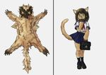  2017 38legio 5_fingers anthro bag cat claws clothed clothing death dress feline female footwear front_view fully fur hair inner_ear_fluff legwear loafers long_hair looking_at_viewer mammal miniskirt sailor_fuku school_uniform shoes simple_background skinning skirt solo standing uniform young 