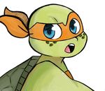  2017 anthro bandanna blue_eyes bust_portrait freckles inkyfrog looking_at_viewer male mask michelangelo_(tmnt) noseless open_mouth portrait reptile scalie shell simple_background solo teenage_mutant_ninja_turtles turtle white_background 
