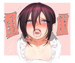  00s 1girl after_fellatio blush breasts center_frills collarbone cum cum_in_mouth cum_on_tongue eyes_visible_through_hair face fangs frills from_above genderswap genderswap_(mtf) gradient_hair hair_between_eyes half-closed_eyes lady_bat looking_at_viewer looking_up mermaid_melody_pichi_pichi_pitch nipples open_clothes open_mouth open_shirt oral_invitation pointy_ears pov purple_eyes red_hair shirt simple_background slit_pupils small_breasts solo solo_focus sweat tears tongue translation_request v-neck white_shirt wntame 