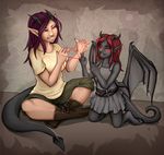  5_fingers clothed clothing demon duo female hair horn membranous_wings purple_hair red_eyes red_hair robyn_paperdoll smile wings 