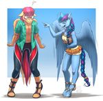  2017 anthro blue_feathers blue_hair braided_hair breasts clothed clothing duo ear_piercing equine eyes_closed eyewear fan_character feathered_wings feathers female glasses hair hooves male mammal my_little_pony mykegreywolf open_mouth pegasus piercing purple_hair simple_background smile teeth wings 