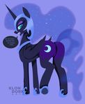 2017 armor black_body blue_background blue_hair blue_sclera butt cutie_mark dialogue english_text equine eyelashes fangs female friendship_is_magic green_eyes hair helmet horn horse kl0ndike mammal my_little_pony nightmare_moon_(mlp) open_mouth signature simple_background solo speech_bubble text winged_unicorn wings 