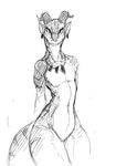  anthro athletic black_and_white dragon ear_piercing female flat_chested guoh horn jewelry karchan looking_at_viewer monochrome necklace piercing scalie simple_background sketch solo white_background 