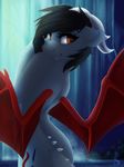  anthro bare_back black_hair brown_eyes cutie_mark detailed_background dragon equine eyelashes fan_character female hair horn hybrid mammal membranous_wings my_little_pony night nude silentwulv solo waterfall wings 