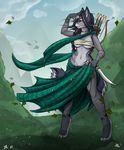  5_fingers anthro arrow barefoot bow breasts canine day digitigrade ear_piercing female grass mammal navel outside piercing robyn_paperdoll sky solo wide_hips wolf 