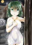  animal_ears blush breasts collarbone commentary_request covered_navel covered_nipples curvy doorway full_moon green_eyes green_hair highres holding holding_towel jewelry kagami_toufu kasodani_kyouko large_breasts moon naked_towel necklace onsen open_mouth shaded_face short_hair sideboob solo steaming_body touhou towel translated wet wide-eyed wide_hips 