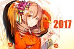  2017 animal artist_name bangs bell bird chicken chinese_zodiac commentary_request drill_hair ema eyebrows_visible_through_hair flower hair_between_eyes hair_flower hair_ornament hairclip holding japanese_clothes jingle_bell kanzashi kimono light_brown_hair looking_at_viewer meth_(emethmeth) nengajou new_year obi orange_eyes orange_kimono original purple_hair revision rooster sash signature smile upper_body white_flower year_of_the_rooster 