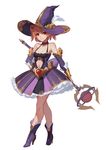 boots breasts brown_hair cleavage collar eyebrows_visible_through_hair feathers full_body hat heart high_heel_boots high_heels highres holding holding_staff large_breasts looking_at_viewer navel original purple_hat red_eyes short_hair simple_background solo staff white_background witch_hat youxuemingdie 