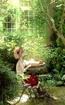  bad_id bad_pixiv_id blonde_hair blue_eyes boots bow bush chair cup from_side hair_bow highres holding holding_cup ivy looking_away original outdoors plant profile red_skirt roki_(0214278) sitting skirt solo table tea teacup tree vines window 