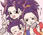  2girls arm_on_shoulder bangs black_eyes black_hair blush caulifla clenched_hands dragon_ball dragon_ball_super earrings eyebrows_visible_through_hair jewelry kale_(dragon_ball) kyabe looking_at_viewer multiple_girls open_mouth pink_background ponytail red_shirt shirt short_hair smile spiked_hair sweatdrop tied_hair tkgsize translation_request v 