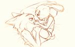  2016 anthro bed canine clothed clothing cuddling disney duo eye_contact female fox hand_on_face hand_on_thigh hug judy_hopps lagomorph lying male male/female mammal monochrome nick_wilde on_bed on_side rabbit simple_background size_difference sketch smile sprinkah underwear white_background zootopia 