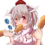  animal_ears blush breasts commentary detached_sleeves ear_wiggle eating food_in_mouth fried_chicken full_mouth grey_hair hair_between_eyes hat inubashiri_momiji looking_at_viewer medium_breasts pom_pom_(clothes) red_eyes shirt sleeveless sleeveless_shirt solo tokin_hat touhou translated upper_body white_shirt wolf_ears yasui_nori 