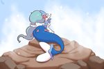  2016 big_butt blue_eyes blue_hair breasts butt female hair immortalstar mammal marine merfolk nintendo outside pinniped pok&eacute;mon primarina rock smile solo video_games water wide_hips 