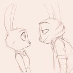  anthro black_and_white bulletproof_vest clothed clothing disney duo eye_contact female hi_res jack_savage judy_hopps lagomorph male mammal monochrome police_uniform rabbit side_view simple_background sketch smile sprinkah uniform white_background zootopia 