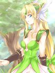  blonde_hair blue_eyes breasts collarbone day dress gem gloves green_dress helmet highres long_hair looking_at_viewer low-tied_long_hair medium_breasts outdoors riesz seiken_densetsu seiken_densetsu_3 silve solo tree very_long_hair 