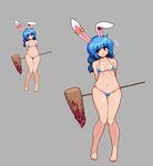  :/ ambiguous_red_liquid animal_ears arms_behind_back bangs bare_legs bare_shoulders barefoot bikini blue_bikini blue_hair blush breasts bunny_ears closed_mouth ear_clip embarrassed eyebrows_visible_through_hair flying_sweatdrops frown full_body grey_background groin head_tilt hip_bones kine knees_together_feet_apart long_hair looking_at_viewer micro_bikini multiple_views navel pixel_art red_eyes seiran_(touhou) simple_background small_breasts standing stomach swimsuit takorin thigh_gap touhou wavy_mouth wide_hips 