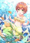  blush brown_hair bubble clownfish earrings eyebrows_visible_through_hair fish green_eyes hoshizora_rin jewelry looking_at_viewer love_live! love_live!_school_idol_project mermaid_costume midriff navel niwasane_(saneatsu03) open_mouth short_hair smile solo star submerged underwater 