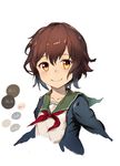  black_jacket brown_eyes brown_hair cardigan collarbone hair_between_eyes highres jacket kantai_collection long_sleeves mutsuki_(kantai_collection) neckerchief red_neckwear remodel_(kantai_collection) school_uniform serafuku short_hair simple_background sketch smile solo unajuu_(set_mk) white_background 