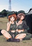  ;p akanbe akiyama_yukari ammunition arm_support bandaid bangs belt beret black_gloves black_hat boots bra breasts brown_eyes brown_hair camouflage camouflage_pants camouflage_shorts camouflage_tank_top canteen cleavage closed_eyes collar_tug collarbone combat_boots commentary_request crop_top day dog_tags emblem full_body girls_und_panzer gloves ground_vehicle hat hot indian_style load_bearing_equipment looking_at_viewer medium_breasts messy_hair military military_hat military_vehicle multiple_girls nakamura_3sou name_tag navel nishizumi_miho one_eye_closed outdoors panties pants panty_peek photo_background pink_bra short_hair shorts sitting sweat tactical_clothes tank_top tongue tongue_out underwear white_panties 