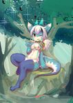  2015 anthro blush breasts chest_tuft claws clothed clothing costom10 costom10_(character) cute female forest fur hair kemono legwear looking_at_viewer navel one_eye_closed outside sitting skimpy smile solo translucent transparent_clothing tree tuft 