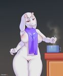  2016 anthro breasts caprine chelodoy cloth cooking cooking_pot female fur goat hi_res inverted_nipples looking_at_viewer mammal nipples patreon pussy red_eyes solo steam toriel undertale video_games white_fur 