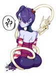  1girl ass bare_shoulders blue_skin breasts detached_collar detached_sleeves female hair_over_one_eye leviathan_(skullgirls) monster_girl red_eyes side_ponytail sitting skullgirls squigly_(skullgirls) stitched_mouth stitches striped striped_sleeves zombie 