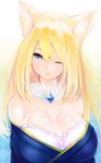  animal_ear_fluff animal_ears bad_id bad_pixiv_id bangs bare_shoulders blonde_hair blue_eyes breasts cleavage detached_collar eyebrows_visible_through_hair fox_ears futaba_aoi gem large_breasts long_hair looking_at_viewer naomi_(sekai_no_hate_no_kissaten) one_eye_closed original simple_background solo upper_body 