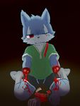  2016 5_fingers amputation anthro blood canine clothed clothing collar crying dismemberment drooling fur gore gradient_background legwear magunoro male mammal one_eye_closed red_eyes runny_nose saliva simple_background sitting socks tears wolf young 
