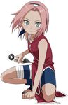  &gt;:( 1girl ankle_boots bandage bandaged_leg bare_arms bare_shoulders between_legs blue_boots blue_shorts blush boots closed_mouth collarbone fighting_stance forehead full_body green_eyes hairband hand_between_legs haruno_sakura highres holding holding_weapon kunai looking_at_viewer naruto nose_blush one_knee pink_hair red_vest short_hair shorts solo toeless_boots toes vest weapon white_hairband yamamoto_souichirou zipper 