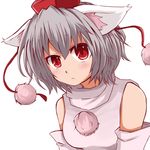  :&lt; animal_ears bangs blush breasts closed_mouth commentary_request detached_sleeves grey_hair hat inubashiri_momiji looking_at_viewer medium_breasts red_eyes shirt short_hair sleeveless sleeveless_shirt solo tokin_hat touhou upper_body white_shirt wolf_ears yasui_nori 