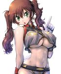  amania_orz bare_shoulders breasts brown_hair commentary_request crop_top crop_top_overhang dated earrings gloves green_eyes jewelry large_breasts long_hair looking_at_viewer midriff navel open_mouth original sleeveless solo stomach twintails twitter_username underboob 