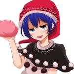  :d black_capelet blue_eyes blue_hair blush capelet commentary_request doremy_sweet dream_soul hat jitome looking_at_viewer nightcap open_mouth pom_pom_(clothes) short_hair smile smug solo touhou upper_body yasui_nori 