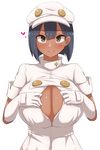  aether_foundation_employee black_hair blush breasts cabbie_hat center_opening cleavage_cutout closed_mouth dark_skin elbow_gloves eyebrows_visible_through_hair gloves grey_eyes hat heart huge_breasts looking_at_viewer paizuri_invitation pokemon pokemon_(game) pokemon_sm short_hair short_sleeves simple_background smile solo turtleneck uniform upper_body white_background white_gloves yamaori zipper 