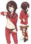  bandaged_leg bandages bangs between_legs black_hair black_legwear black_panties blunt_bangs brown_hair buttons hat highres kneeling kono_subarashii_sekai_ni_shukufuku_wo! lifted_by_self megumin muchi_maro multiple_views navel open_mouth pajamas pajamas_pull panties red_eyes short_hair_with_long_locks sidelocks simple_background single_thighhigh smile staff stomach thighhighs underwear white_background witch_hat 