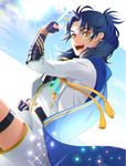  :d blue_hair blue_sky cape clenched_hand day dutch_angle fang feathers hair_feathers highres holster lens_flare looking_at_viewer male_focus open_mouth shorts sky smile solo sparkle taikogane_sadamune tassel thigh_holster touken_ranbu ujou yellow_eyes 
