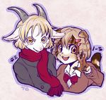  2017 abstract_background anthro blonde_hair bow_tie breasts caprine clothed clothing duo feline female fur hair horizontal_pupils horn japanese_text kemono looking_at_viewer mammal open_mouth scarf simple_background smile teeth text tongali-goat tongue uniform white_fur 
