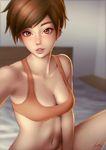  1girl bangs bare_arms bare_legs bare_shoulders bed bed_sheet bra breasts brown_eyes brown_hair cleavage collarbone ear_piercing eyelashes freckles indoors knee_up lips looking_at_viewer medium_breasts midriff navel navel_piercing nose on_bed orange_bra overwatch parted_lips piercing pink_lips pose self_shot short_hair signature sitting sitting_on_bed sleeveless solo spiked_hair sports_bra stomach swept_bangs taking_picture teeth tracer_(overwatch) umigraphics underwear upper_body 