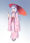  bangs blue_background blue_eyes blue_hair blush closed_mouth eromanga_sensei eyebrows_visible_through_hair full_body furisode gradient gradient_background holding holding_umbrella izumi_sagiri japanese_clothes kimono long_hair looking_at_viewer obi oriental_umbrella pink_kimono sandals sash silver_hair solo stylus umbrella white_legwear xiaosan_ye 